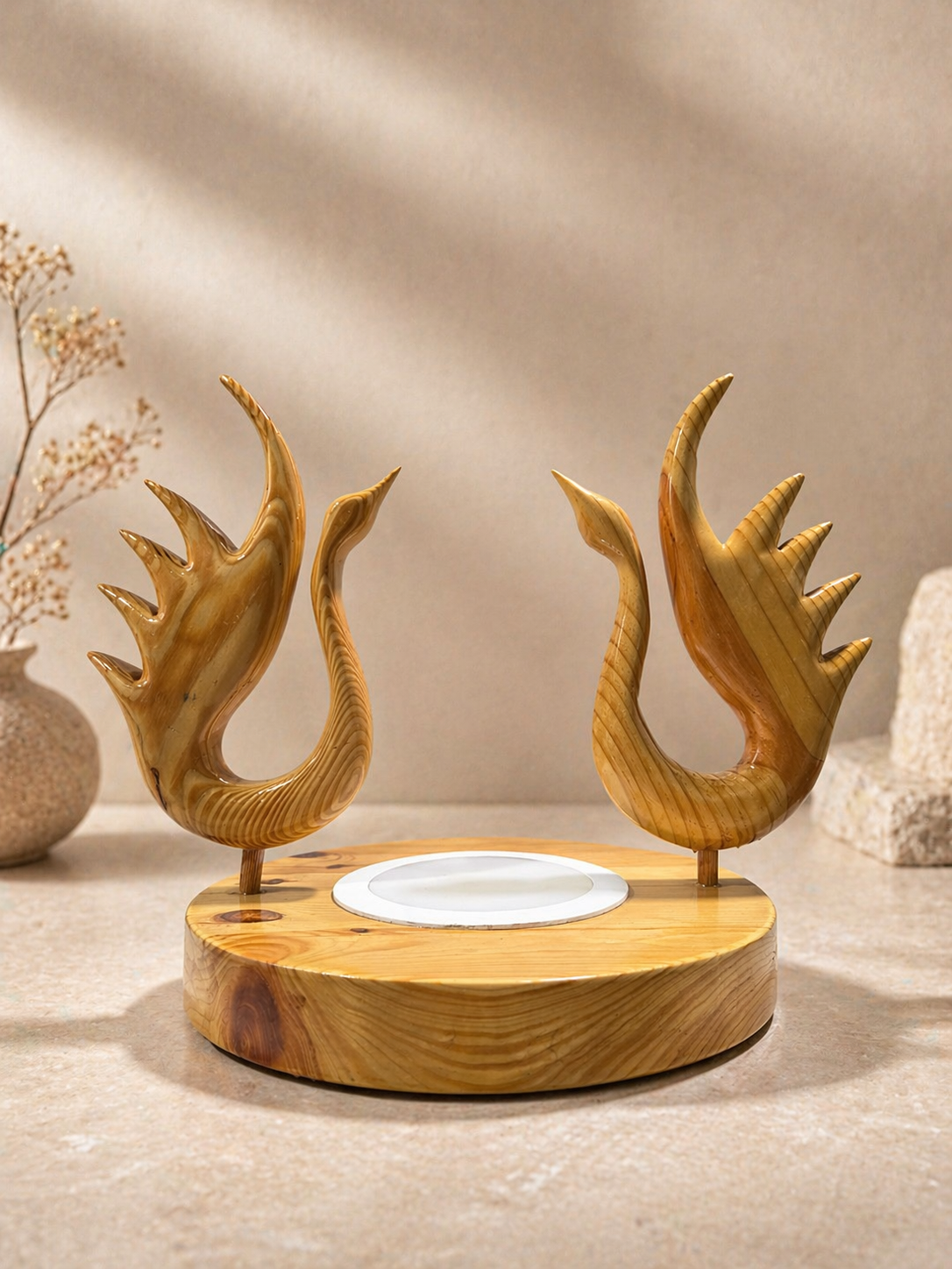 Aurelia Swan Duo Wooden Centerpiece in natural polished wood by UDSS Atelier