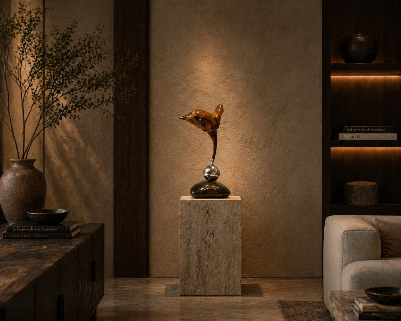 Warm interior styled with handcrafted wooden decor from UDSS Atelier